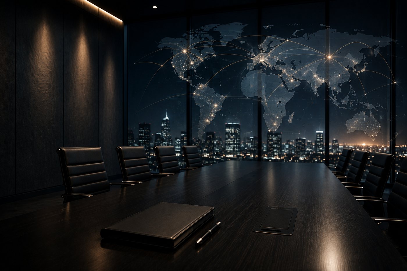 Boardroom overlooking a city at night, with a world map of connected engagement routes