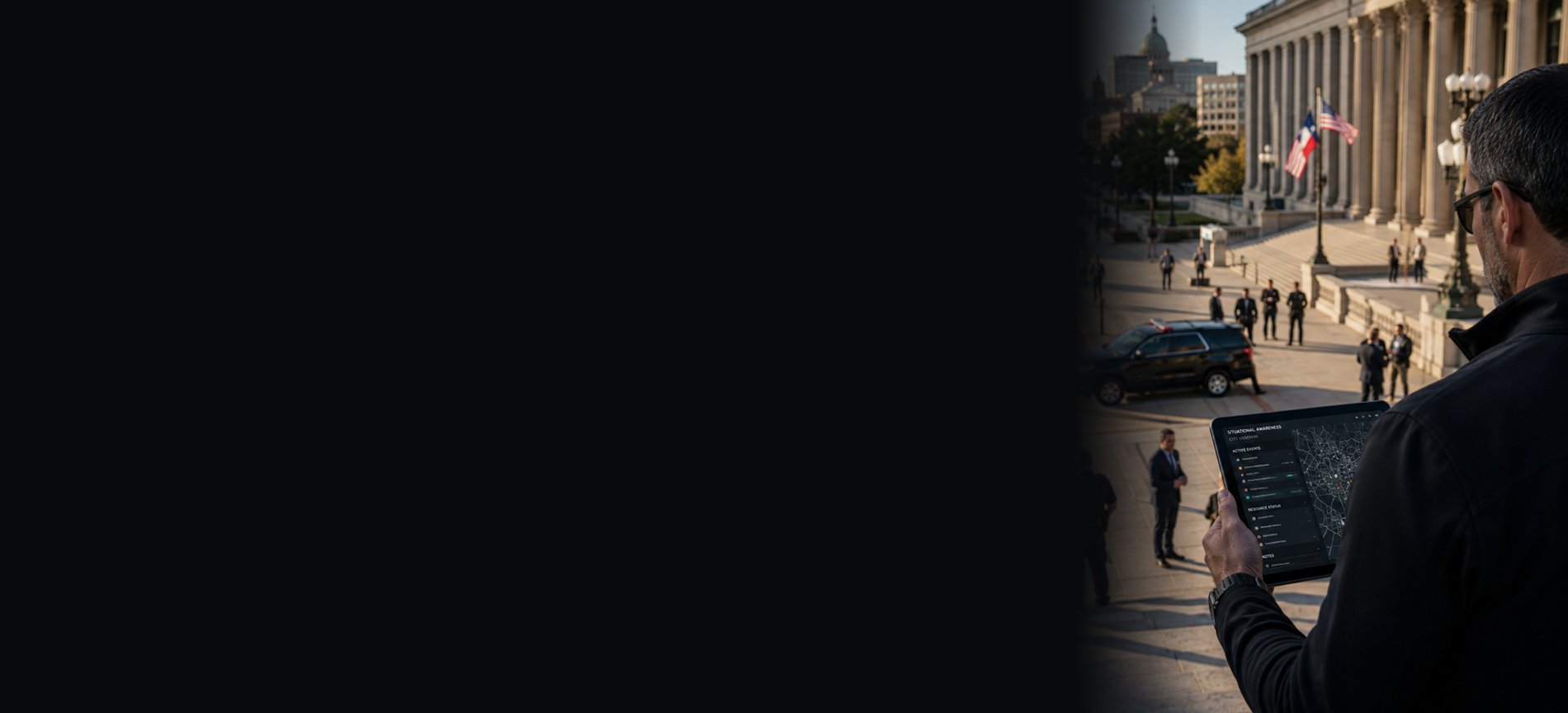 Advisor monitoring a situational awareness feed outside a courthouse