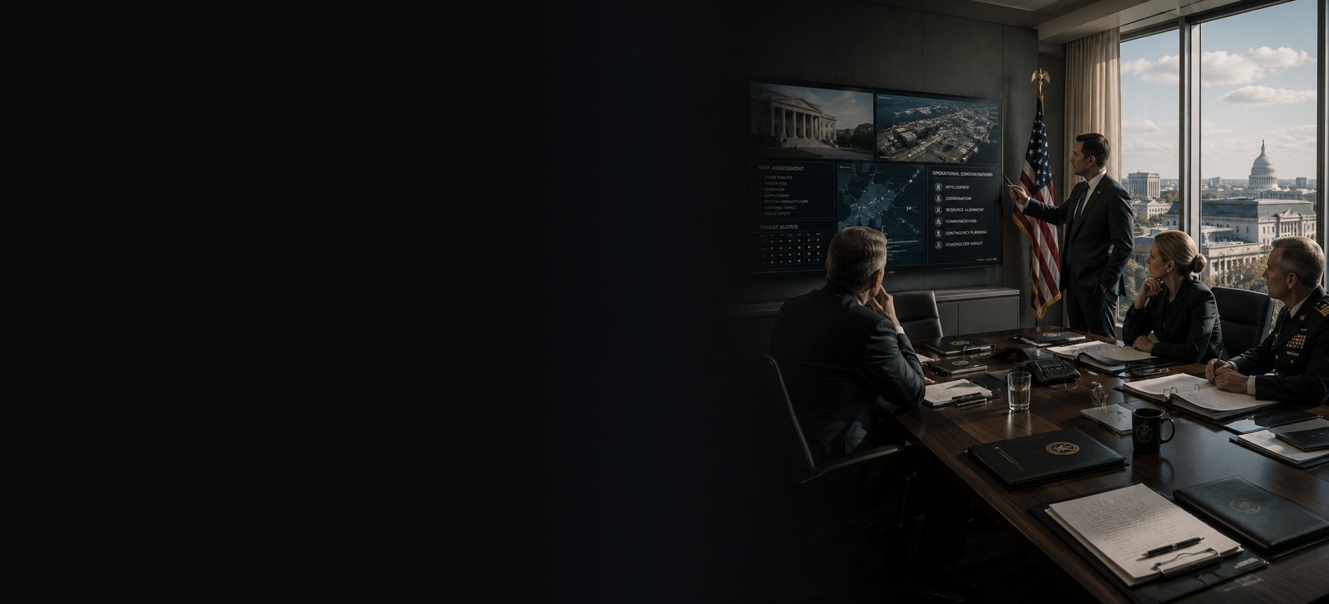 Advisors briefing senior officials against a Washington skyline