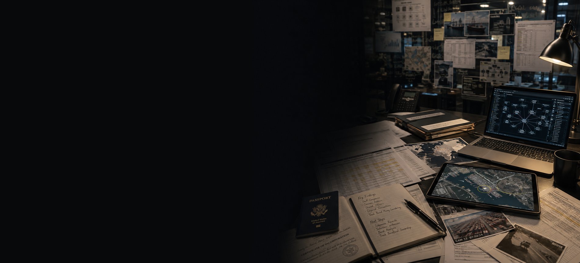Case desk with financial records, corporate filings, link analysis and surveillance imagery
