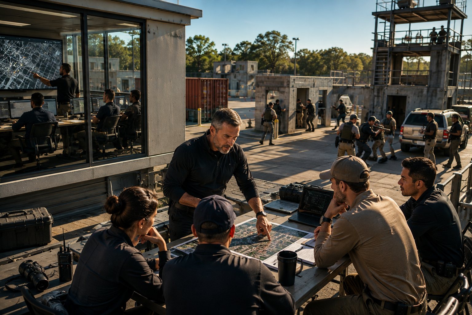 Instructor briefing a mixed law enforcement and tactical class at a training compound