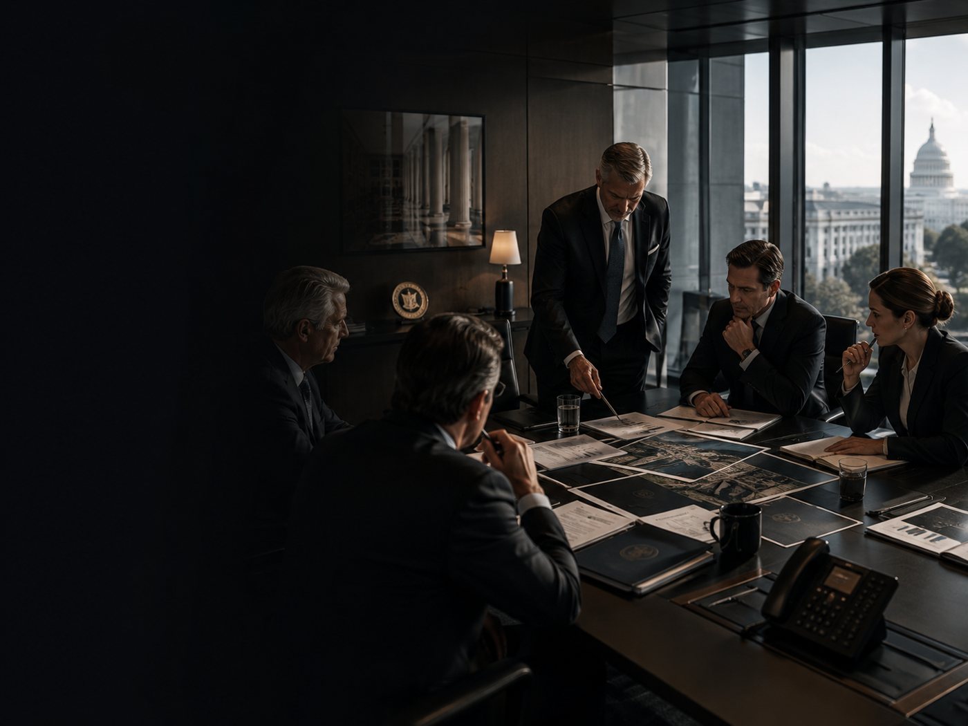 Senior advisors briefing clients over assessment material in a Washington boardroom