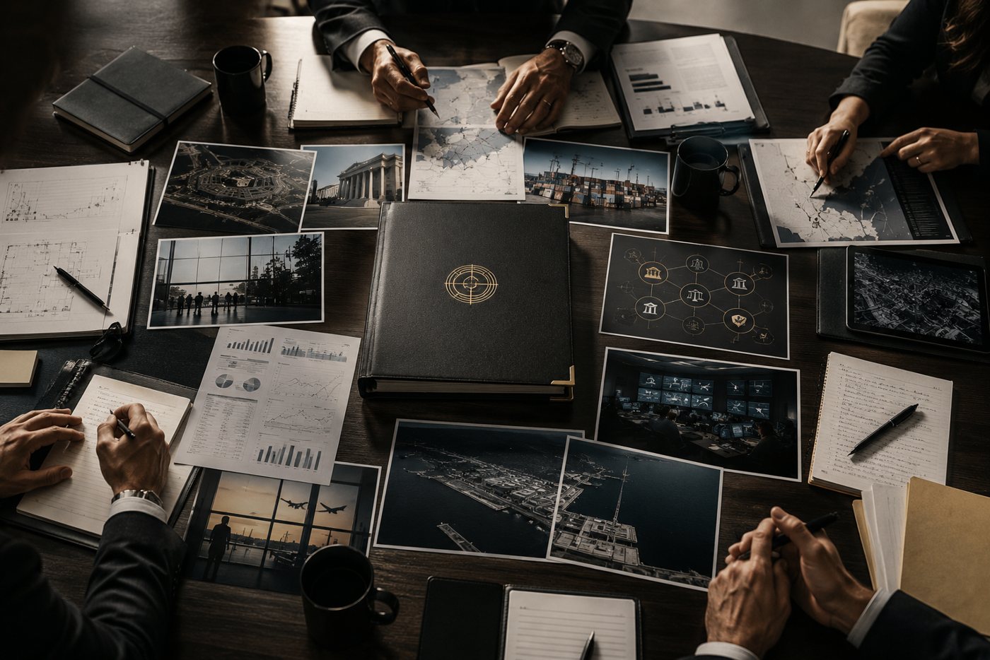 Analysts reviewing site imagery, network diagrams and assessment documents around a table