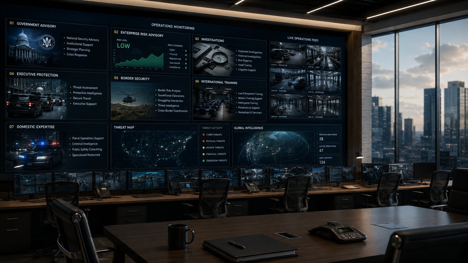 Operations monitoring center displaying capability dashboards, threat map and live intelligence feeds